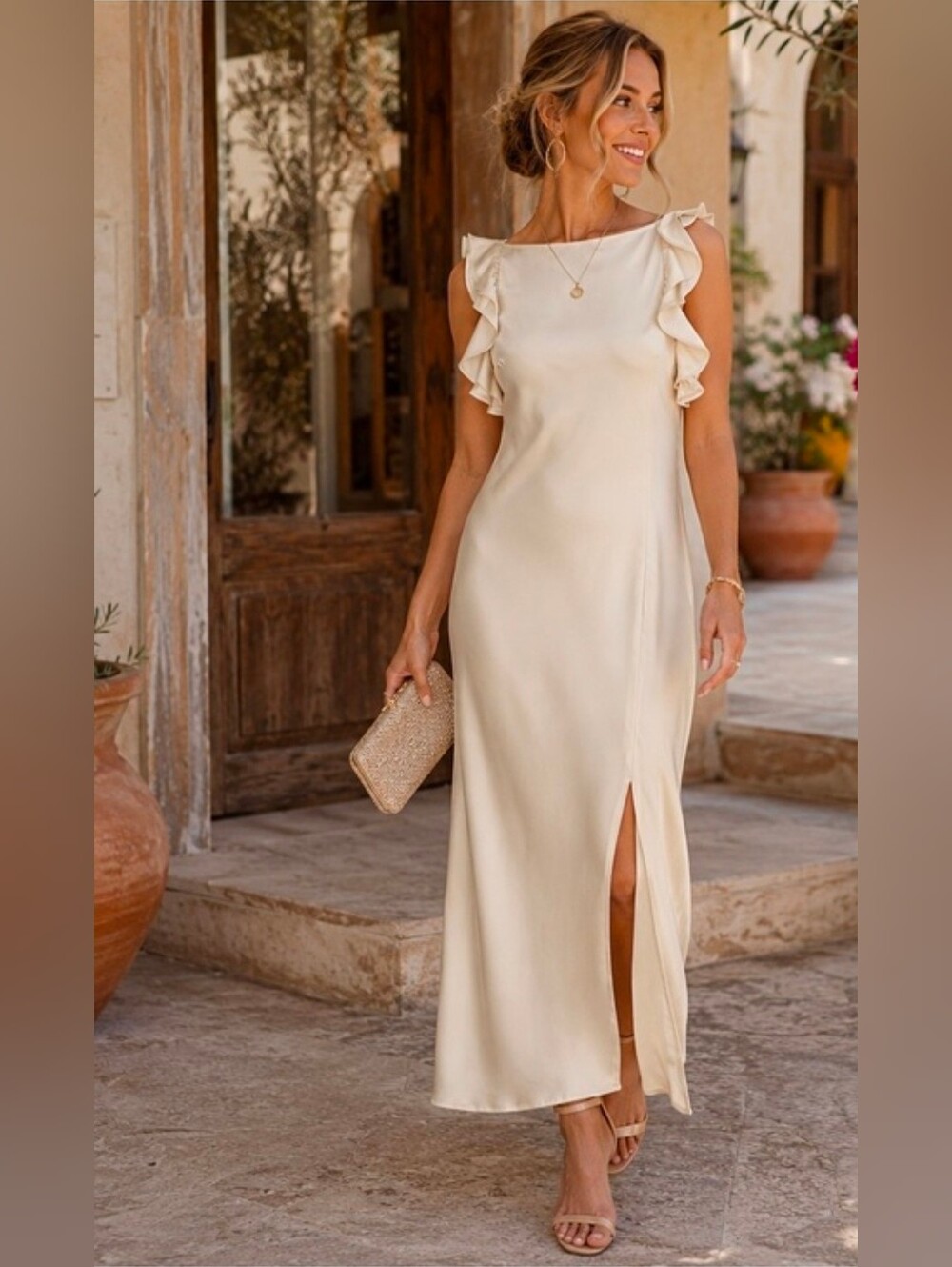 A New Day Cream Silky Satin Slip Midi Dress Elegant Wedding Guest XS